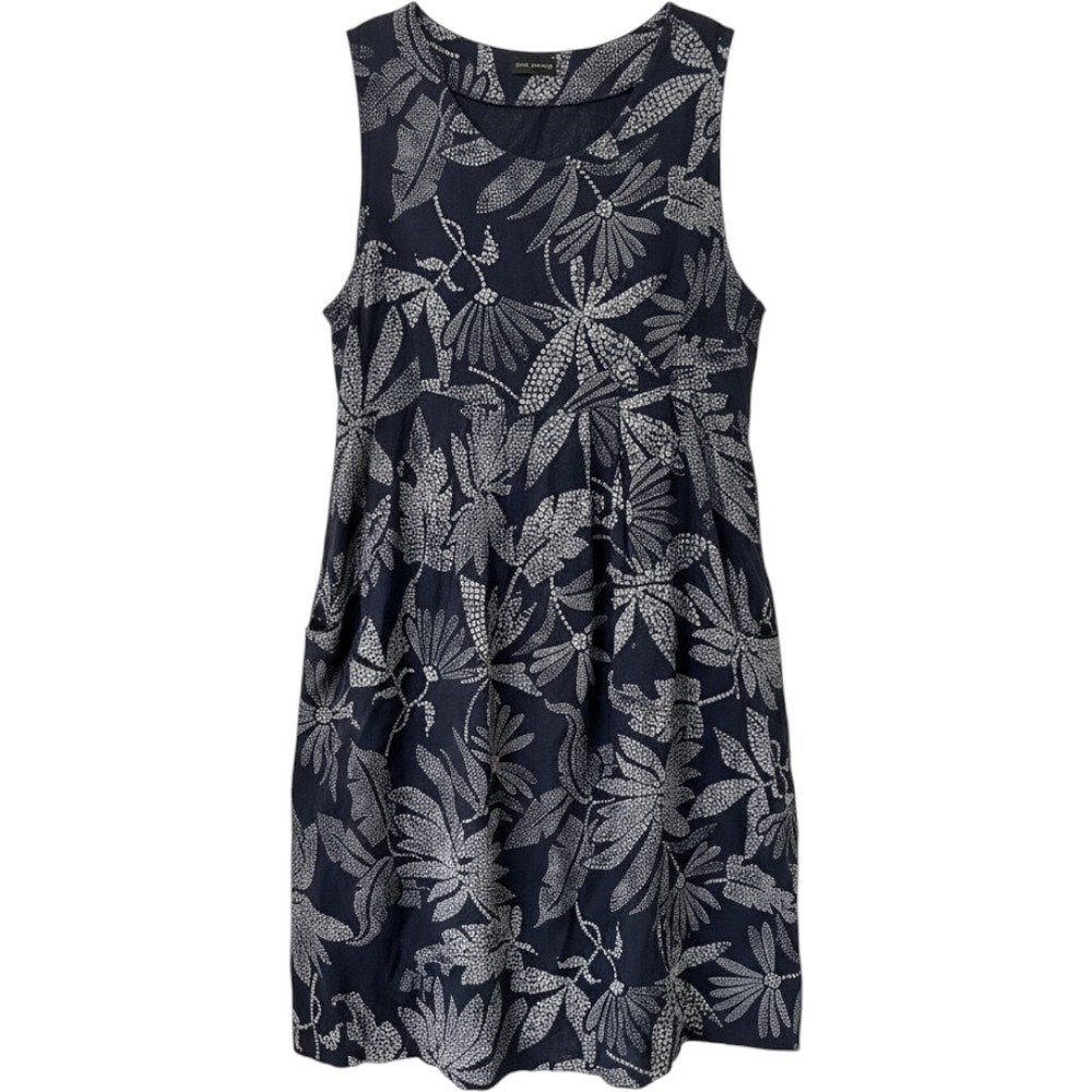 Luca Vanucci Lagenlook Sleeveless Dress Women L Navy Blue Botanical Linen Blend